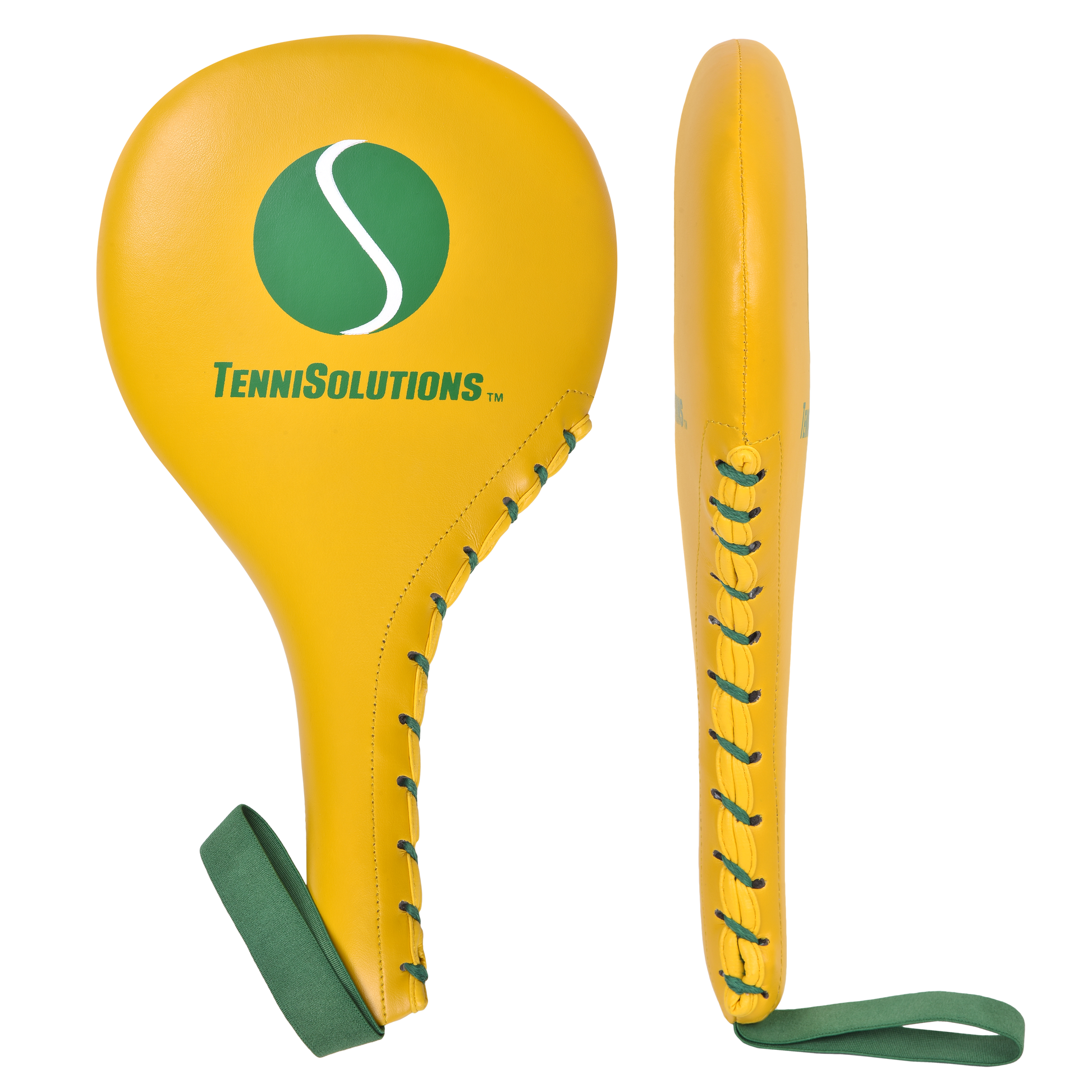 Yellow paddle with green accents and 'Tennisolutions' logo on a white background