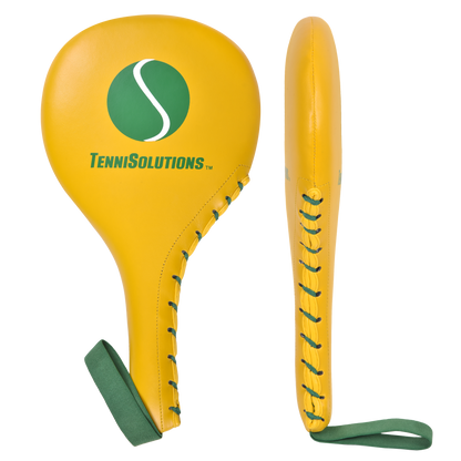 Yellow paddle with green accents and 'Tennisolutions' logo on a white background