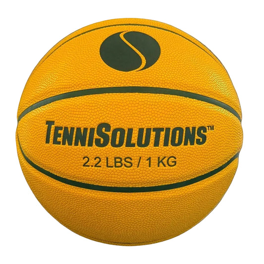 Yellow basketball with 'Tennisolutions' branding on a white background