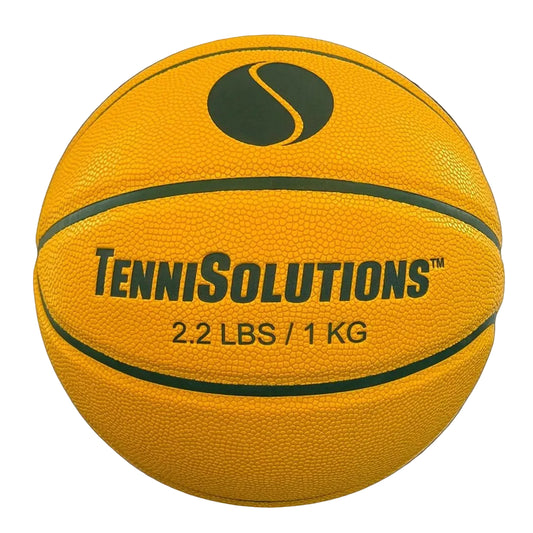 Yellow basketball with 'Tennisolutions' branding on a white background